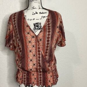 434- Harlow & Rose NWOT Orange & Rust Short Sleeve Boho Top, Size XL